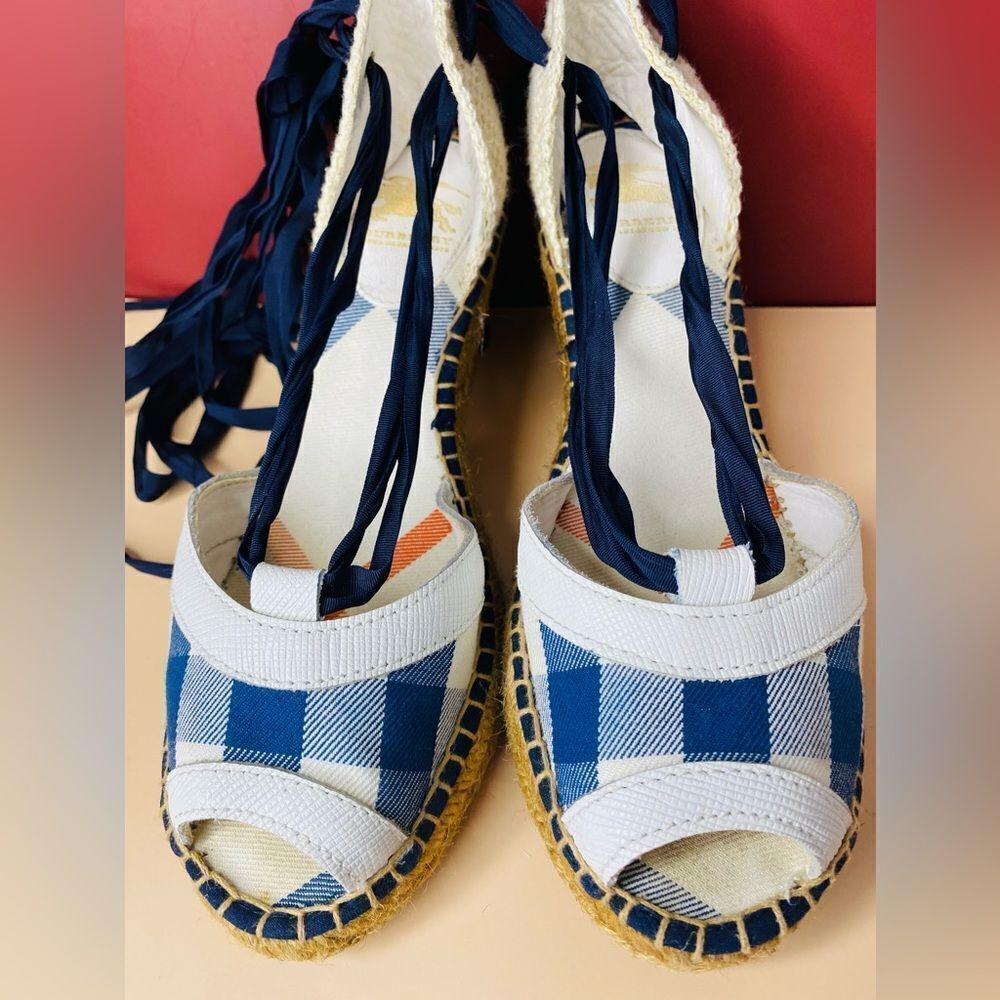 Burberry Check Espadrille Wedge Sandals with Navy Ties In Original Box, Bag etc